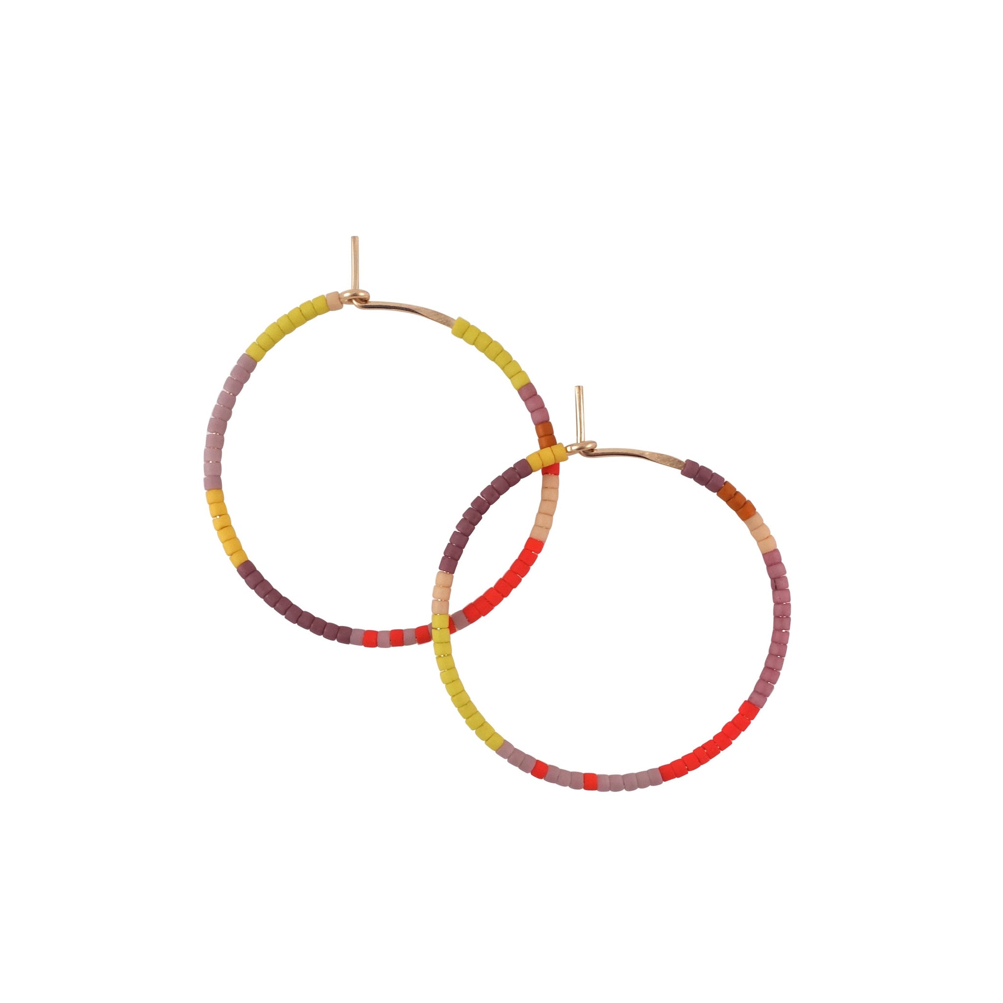 14k gold-filled hoop, Japanese Miyuki matte glass beads, purple, red, yellow..