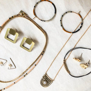jewelry, earrings, beaded hoops, bracelet, pearl, threaders, beaded necklace, brass organic post earrings, square brass ear jacket