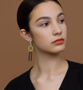 modern, geometric, drop earrings, silver, brass, on model.