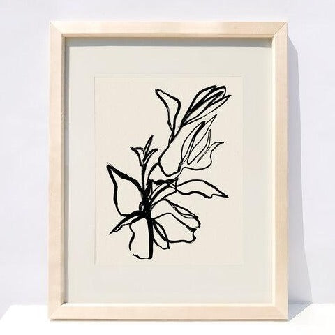 floral, black, line drawing, art print, in wood frame.