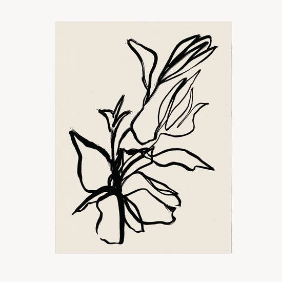 floral, black, line drawing, art print.