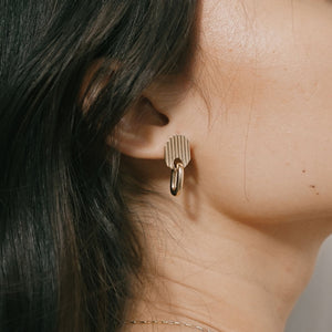 gold plated, drop earrings, model.