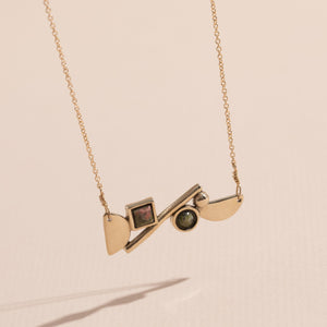 shapes necklace, unakite stones, brass pendant. 