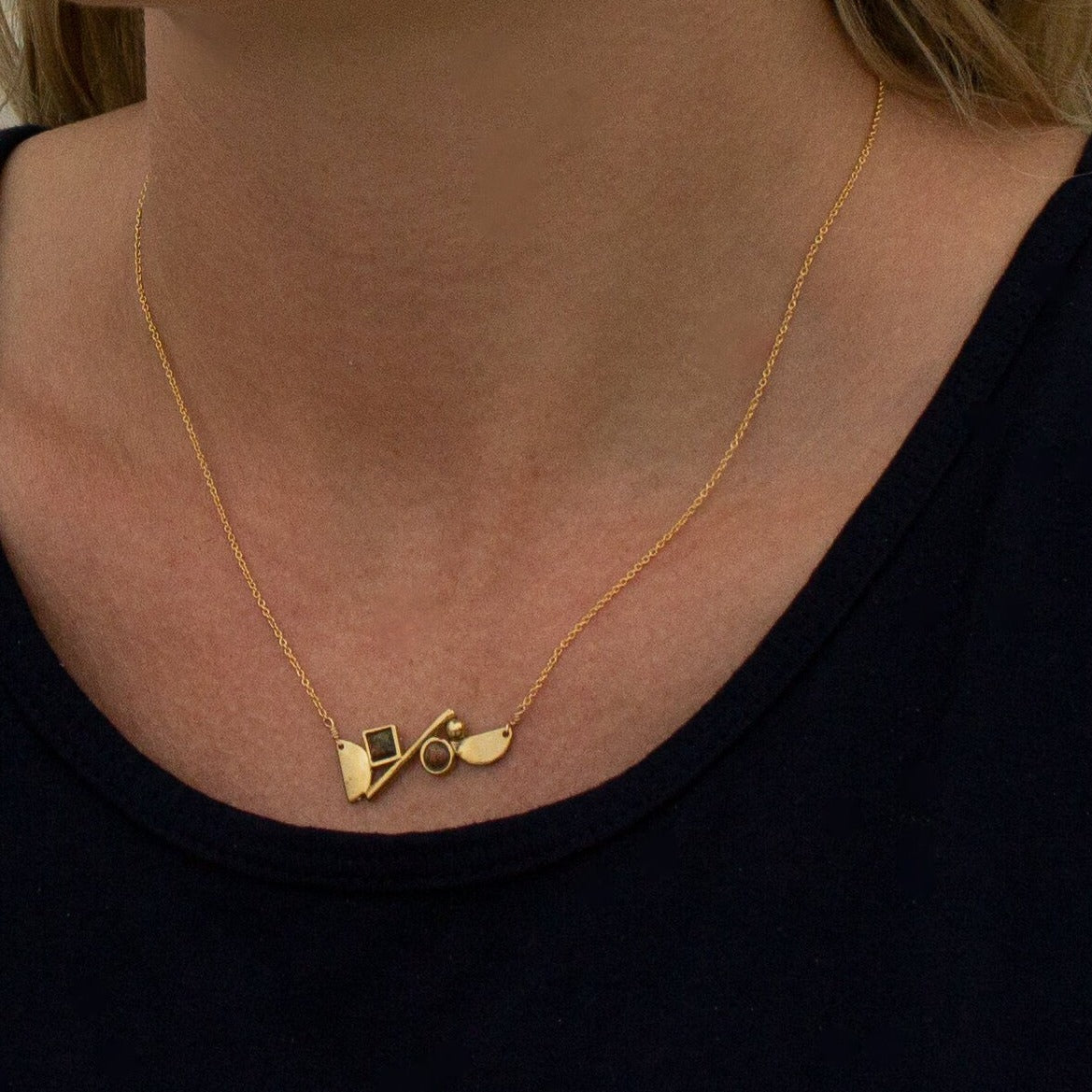 shapes necklace, unakite stones, brass pendant, model.. 
