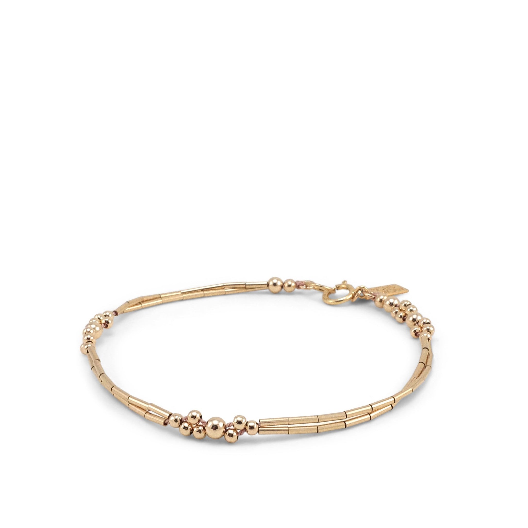 double-stranded, gold, bracelet, link segments, beaded bubble pattern.